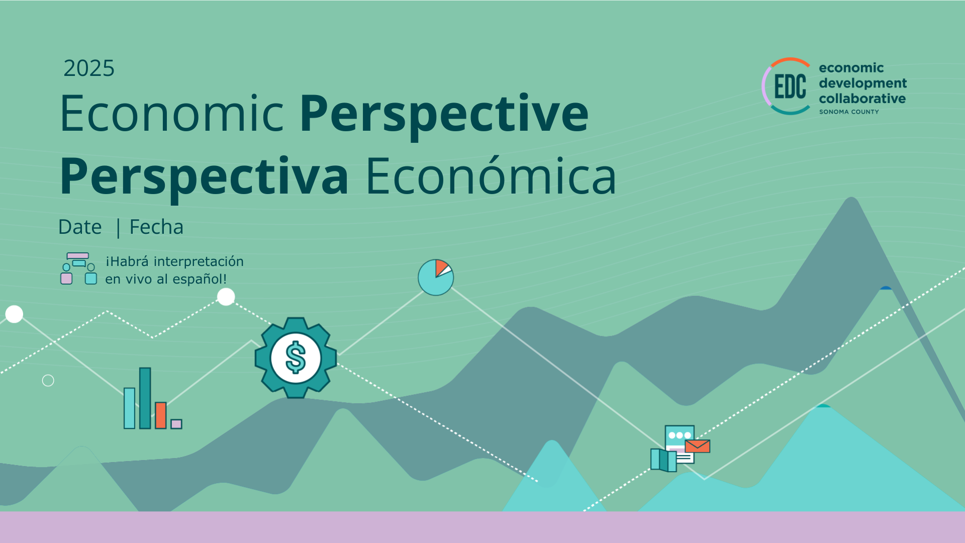 Economic Perspective, Perspectiva Económica. January 30, 2025 | 30 de enero de 2025. ¡Habrá interpretación en vivo al español! Economic Development Collaborative. Illustration of mountains peaks with lines graphs, pie graphs, and bar graphs. 