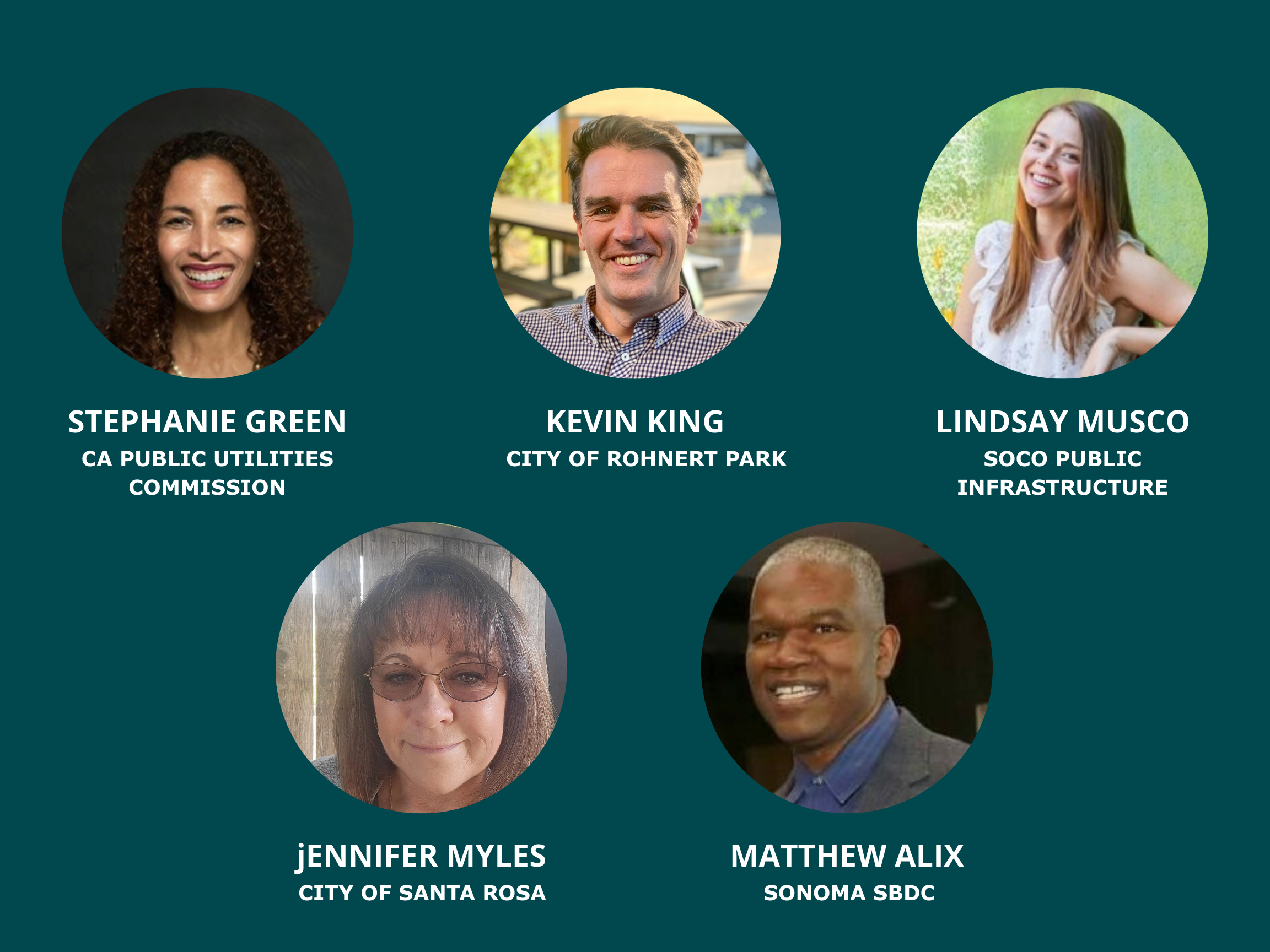 Photos of panelists: Stephanie Green California Public Utilities Commission, Kevin King City of Rohnert Park, Lindsay Musco Sonoma County Public Infrastructure, Jennifer Myles City of Santa Rosa, Matthew Alix Sonoma Small Business Development Center